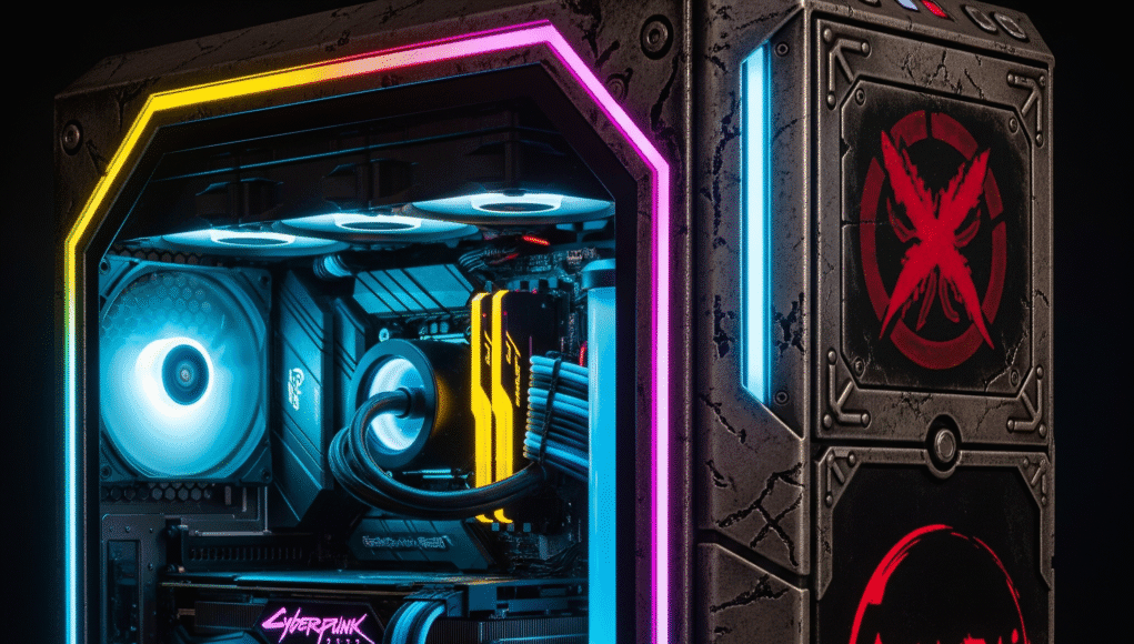 A close-up, illuminated shot of a highly customized Cyberpunk 2077 themed PC case, featuring vibrant neon lights, weathered metallic textures, and custom airbrushed game logos like Samurai.