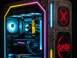 A close-up, illuminated shot of a highly customized Cyberpunk 2077 themed PC case, featuring vibrant neon lights, weathered metallic textures, and custom airbrushed game logos like Samurai.