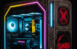 Cyberpunk 2077 Themed PC: Your Guide to Building a Night City Rig A close-up, illuminated shot of a highly customized Cyberpunk 2077 themed PC case, featuring vibrant neon lights, weathered metallic textures, and custom airbrushed game logos like Samurai.