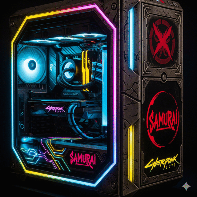 Cyberpunk 2077 Themed PC: Your Guide to Building a Night City Rig A close-up, illuminated shot of a highly customized Cyberpunk 2077 themed PC case, featuring vibrant neon lights, weathered metallic textures, and custom airbrushed game logos like Samurai.