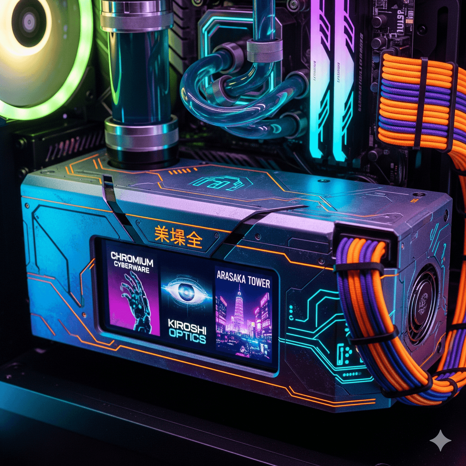 A detailed shot of a custom-fabricated PSU shroud inside a Cyberpunk 2077 themed PC, featuring a small integrated LCD screen displaying mock in-game advertisements.