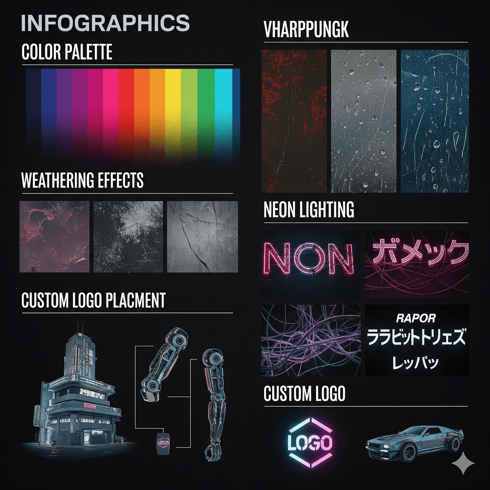 An infographic illustrating common Cyberpunk 2077 aesthetic elements: color palette, weathering effects, neon lighting, and custom logo placement.