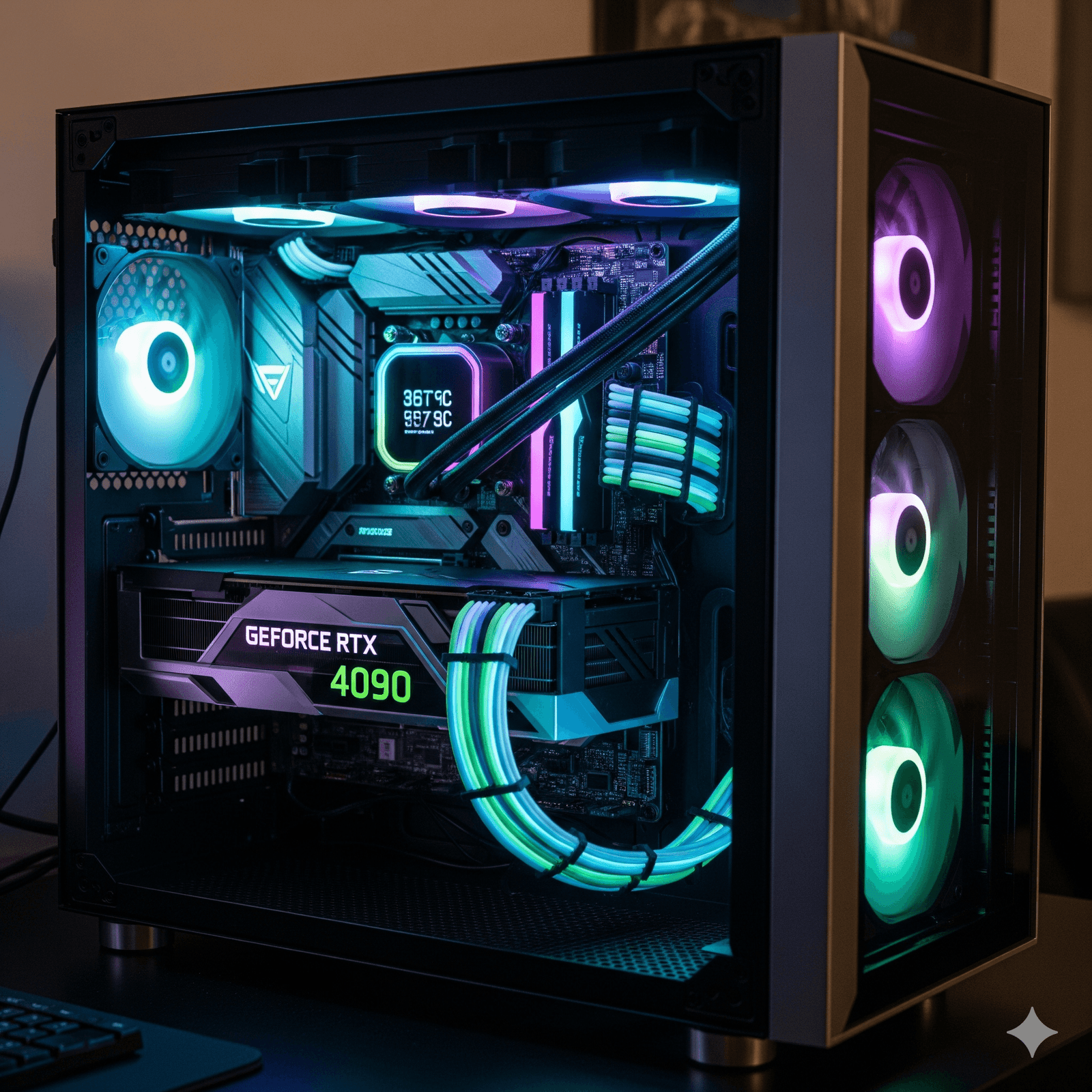 A stunning, illuminated interior shot of a high-end gaming PC with an RTX 4090 GPU, a large AIO cooler, and RGB lighting, showcasing the ultimate No Compromises 4K Beast