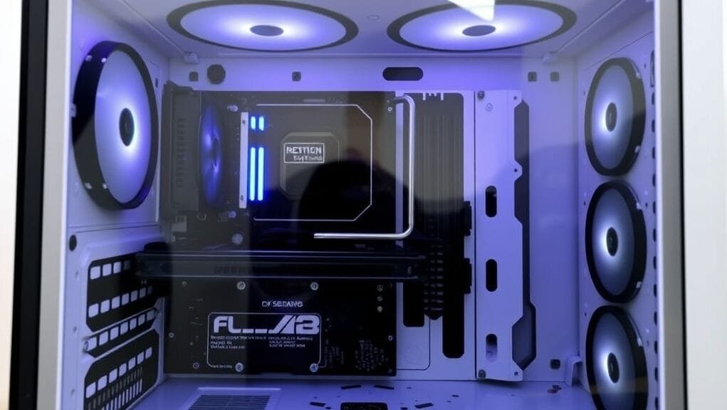 A beautifully clean, minimalist PC build with a back-connect motherboard visible through a clear tempered glass side panel, showcasing excellent cable management and subtle lighting. The interior is largely black and white, with no distracting RGB elements.