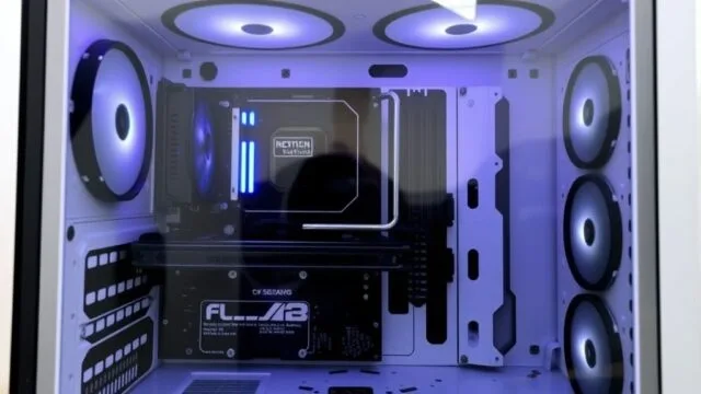 A beautifully clean, minimalist PC build with a back-connect motherboard visible through a clear tempered glass side panel, showcasing excellent cable management and subtle lighting. The interior is largely black and white, with no distracting RGB elements.