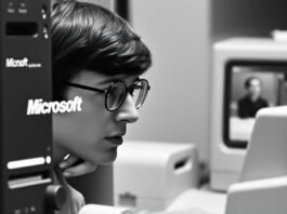 A black and white photo of a young Bill Gates, looking intently at a computer screen in the early days of Microsoft.