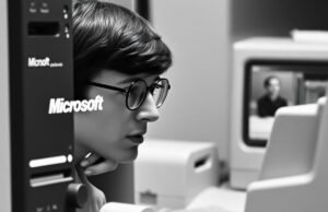 History of Bill Gates: From Code to Global Impact A black and white photo of a young Bill Gates, looking intently at a computer screen in the early days of Microsoft.