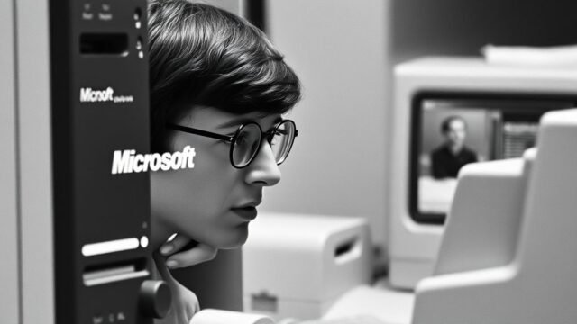 History of Bill Gates: From Code to Global Impact A black and white photo of a young Bill Gates, looking intently at a computer screen in the early days of Microsoft.