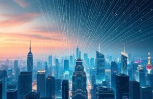 China Content Crackdown: What’s Next for Kuaishou & Weibo? A bustling digital city skyline with lines of data flowing upwards, symbolizing the vast online content on platforms like Kuaishou and Weibo.