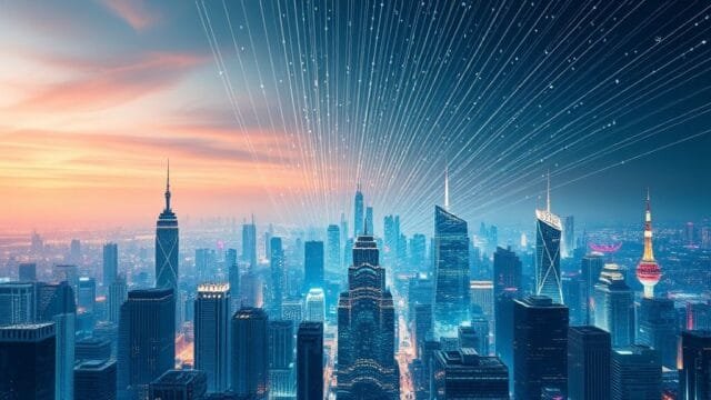 China Content Crackdown: What’s Next for Kuaishou & Weibo? A bustling digital city skyline with lines of data flowing upwards, symbolizing the vast online content on platforms like Kuaishou and Weibo.