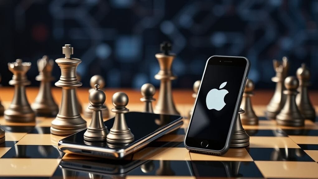A chessboard with smartphone pieces representing Samsung and Apple, suggesting a strategic battle.