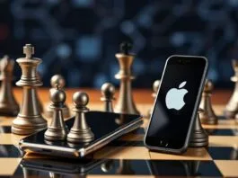A chessboard with smartphone pieces representing Samsung and Apple, suggesting a strategic battle.