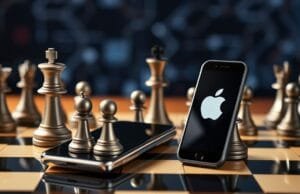 Samsung Challenges Apple: The AI-Foldable Future Arrives A chessboard with smartphone pieces representing Samsung and Apple, suggesting a strategic battle.