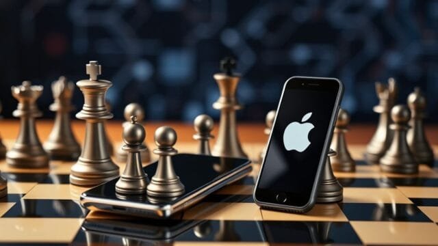 Samsung Challenges Apple: The AI-Foldable Future Arrives A chessboard with smartphone pieces representing Samsung and Apple, suggesting a strategic battle.