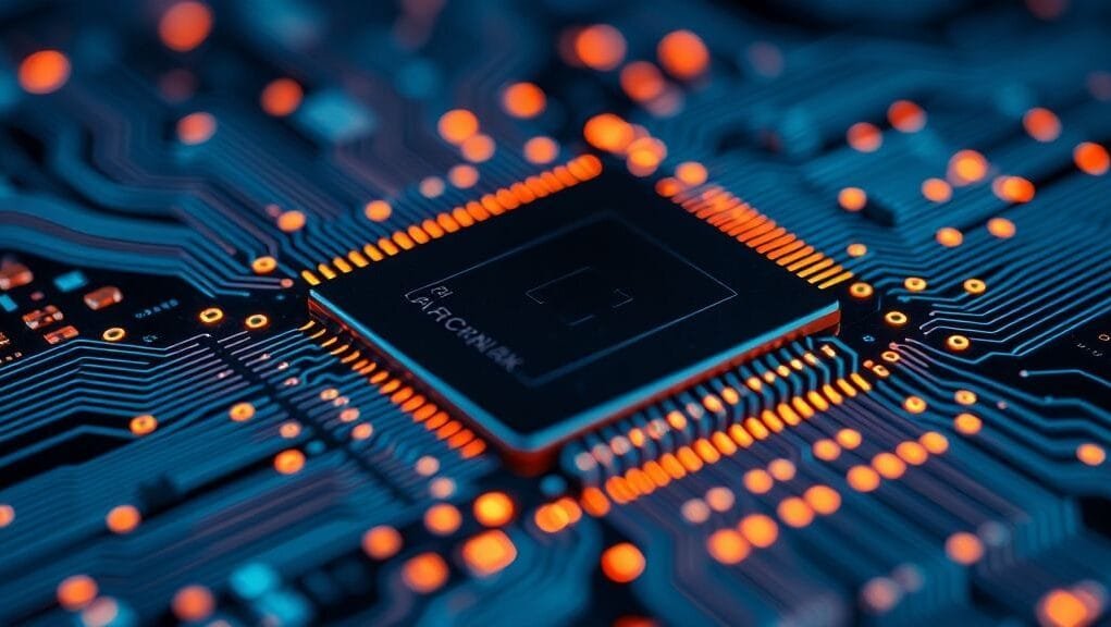 A close-up, abstract shot of a mobile processor chip with glowing circuits, representing its complexity and power, positioned as a featured image.