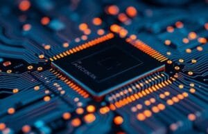 Mobile Processor: What Really Makes Your Smartphone Fast? A close-up, abstract shot of a mobile processor chip with glowing circuits, representing its complexity and power, positioned as a featured image.