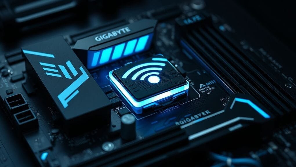 A close-up of a GIGABYTE AORUS ICE motherboard with an illuminated Wi-Fi module, emphasizing seamless connectivity provided by GIGABYTE DriverBIOS.