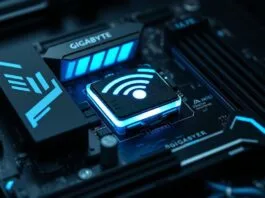 A close-up of a GIGABYTE AORUS ICE motherboard with an illuminated Wi-Fi module, emphasizing seamless connectivity provided by GIGABYTE DriverBIOS.