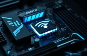 GIGABYTE DriverBIOS: Banish PC Setup Headaches A close-up of a GIGABYTE AORUS ICE motherboard with an illuminated Wi-Fi module, emphasizing seamless connectivity provided by GIGABYTE DriverBIOS.