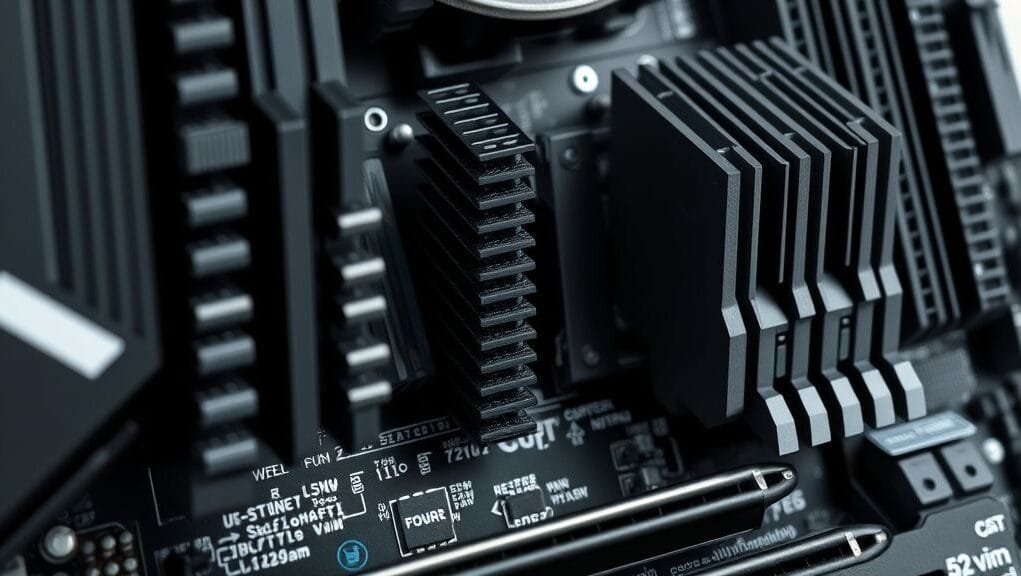A close-up of a high-end motherboard VRM section with large heatsinks, emphasizing robust power delivery components.