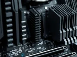 A close-up of a high-end motherboard VRM section with large heatsinks, emphasizing robust power delivery components.