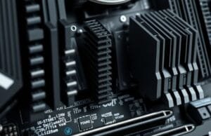 Extreme Overclocking Performance: Elite Hardware & BIOS Mastery A close-up of a high-end motherboard VRM section with large heatsinks, emphasizing robust power delivery components.