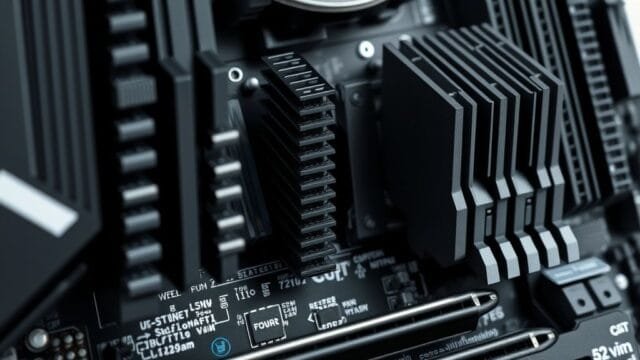 Extreme Overclocking Performance: Elite Hardware & BIOS Mastery A close-up of a high-end motherboard VRM section with large heatsinks, emphasizing robust power delivery components.