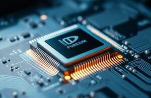 Laptop Battery Life: Innovations for All-Day Power A close-up of a modern, energy-efficient laptop processor chip, highlighting its intricate design and advanced technology. The chip is mounted on a motherboard with subtle glowing lines.