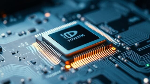 Laptop Battery Life: Innovations for All-Day Power A close-up of a modern, energy-efficient laptop processor chip, highlighting its intricate design and advanced technology. The chip is mounted on a motherboard with subtle glowing lines.