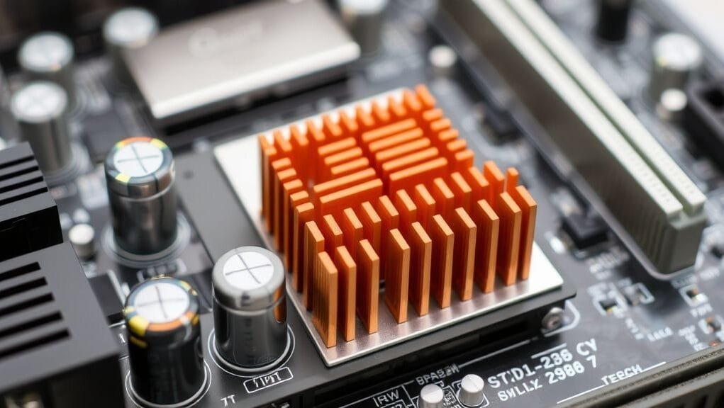 A close-up of a modern motherboard, highlighting solid capacitors and VRM heatsinks for enhanced durability and longevity.