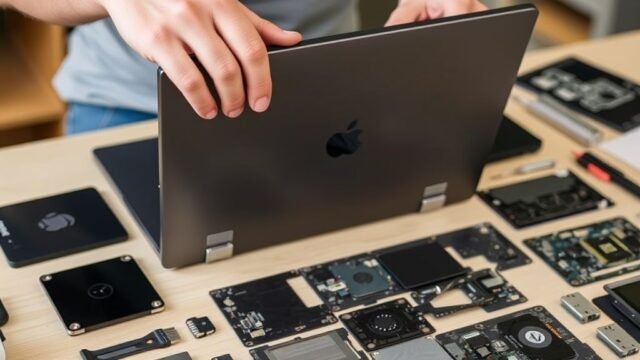 Right to Repair Laptops: Shaping Tomorrow’s Upgradable Tech A close-up of a person unscrewing the back of a modern, modular laptop, with various components laid out on a table, highlighting the ease of repair for Right to Repair laptops.