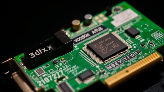 Evolution of the GPU: GPU Evolution: How a Pixel Pusher… A close-up of a vintage 3dfx Voodoo Graphics card, highlighting its distinctive green circuit board and chips, against a dark, slightly blurred background.