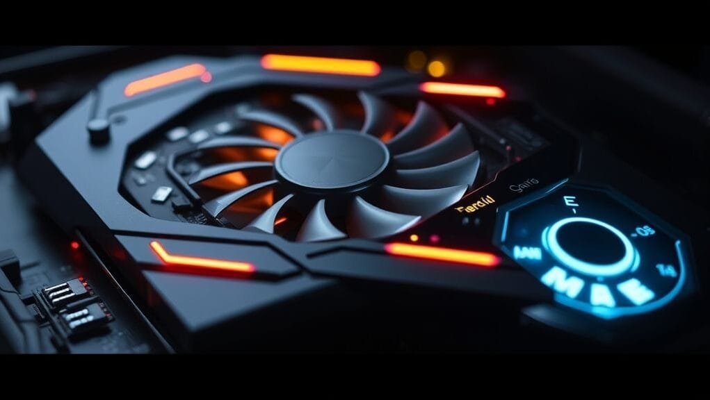 A close-up of an advanced AI graphics card with glowing accents, showcasing its complex circuitry and cooling system, symbolizing its power beyond gaming.