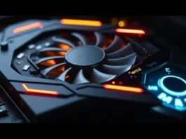 A close-up of an advanced AI graphics card with glowing accents, showcasing its complex circuitry and cooling system, symbolizing its power beyond gaming.