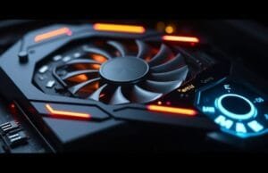 AI Graphics Cards: Powering the Future Beyond Gaming A close-up of an advanced AI graphics card with glowing accents, showcasing its complex circuitry and cooling system, symbolizing its power beyond gaming.