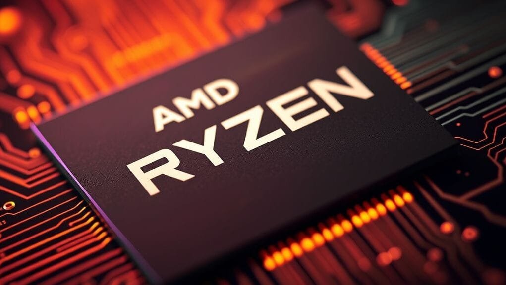 A close-up of an AMD Ryzen AI processor chip, glowing with subtle digital lines, representing intelligence and speed. This will be the featured image.