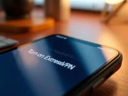 A close-up of an iPhone screen showing the Siri waveform with "Turn on ExpressVPN" displayed, illustrating hands-free activation.