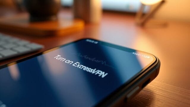 ExpressVPN iOS Updates: Siri Makes VPN Effortless A close-up of an iPhone screen showing the Siri waveform with "Turn on ExpressVPN" displayed, illustrating hands-free activation.