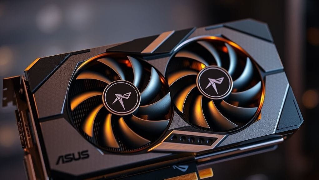 A close-up of the ASUS Dual NVIDIA GeForce RTX 3060 V2 OC Edition graphics card, showcasing its dual-fan cooler and sleek design.