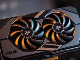A close-up of the ASUS Dual NVIDIA GeForce RTX 3060 V2 OC Edition graphics card, showcasing its dual-fan cooler and sleek design.