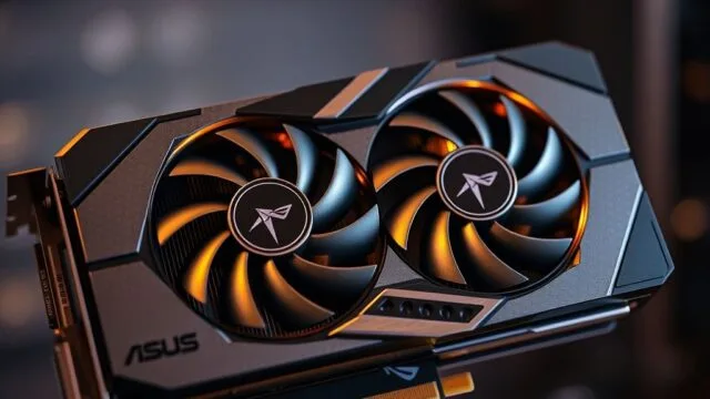 A close-up of the ASUS Dual NVIDIA GeForce RTX 3060 V2 OC Edition graphics card, showcasing its dual-fan cooler and sleek design. A close-up of the ASUS Dual NVIDIA GeForce RTX 3060 V2 OC Edition graphics card, showcasing its dual-fan cooler and sleek design.