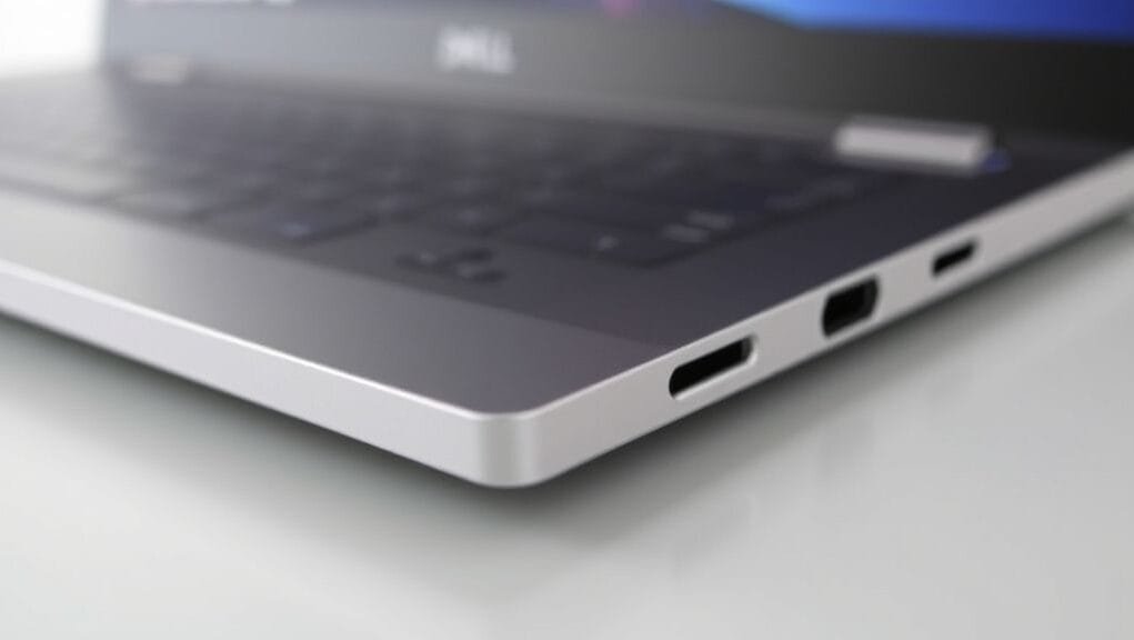 A close-up of the Dell 14 Premium 2025's minimalist, CNC machined aluminum chassis in a Platinum finish, highlighting its sleek edges.