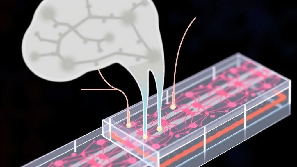 A close-up schematic of a brain-on-a-chip device showing interconnected microfluidic channels with neuron cultures.