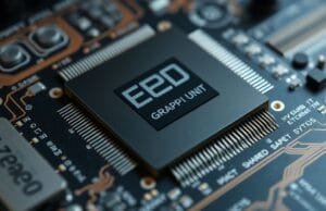 Integrated vs Discrete GPUs: Which 2025 Laptop Powerhouse? A close-up schematic of a modern laptop CPU with an integrated graphics unit highlighted, showing shared system RAM.