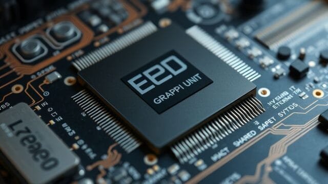 Integrated vs Discrete GPUs: Which 2025 Laptop Powerhouse? A close-up schematic of a modern laptop CPU with an integrated graphics unit highlighted, showing shared system RAM.