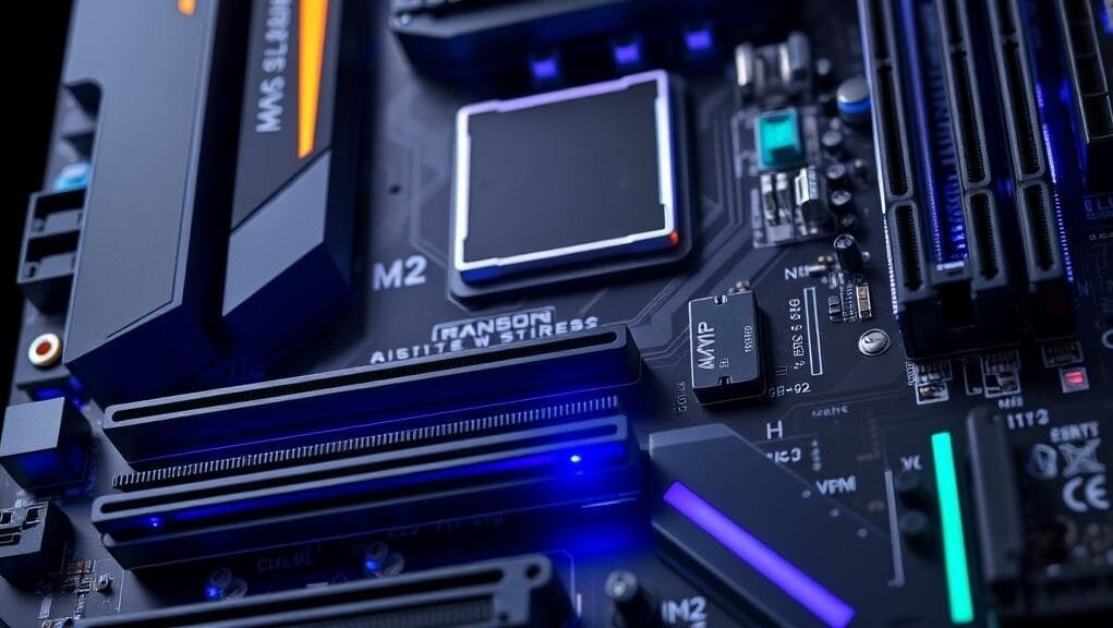 A close-up shot of a high-end motherboard for content creators, showcasing multiple M.2 slots, robust VRMs, and diverse I/O ports, with subtle RGB lighting
