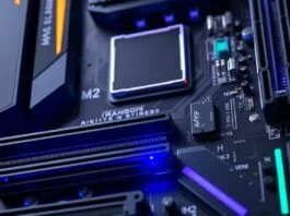 A close-up shot of a high-end motherboard for content creators, showcasing multiple M.2 slots, robust VRMs, and diverse I/O ports, with subtle RGB lighting