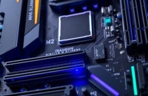 Motherboards for Content Creators: The Ultimate Buying Guide 2025 A close-up shot of a high-end motherboard for content creators, showcasing multiple M.2 slots, robust VRMs, and diverse I/O ports, with subtle RGB lighting