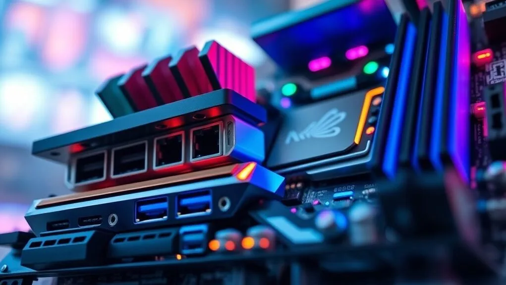 A close-up shot of a modern gaming motherboard, showing various ports, heat sinks, and illuminated components, highlighting its complexity.