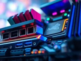 A close-up shot of a modern gaming motherboard, showing various ports, heat sinks, and illuminated components, highlighting its complexity.